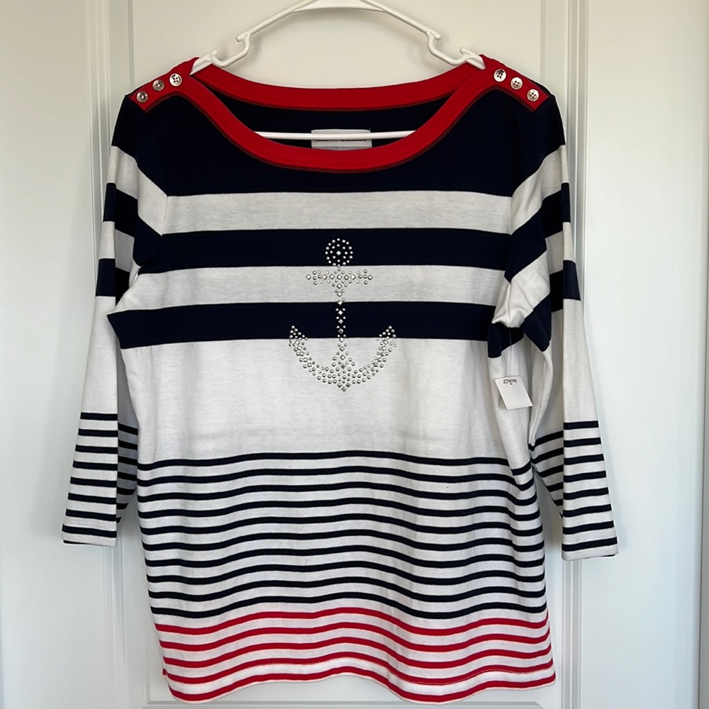 Alfred‎ Dunner Women’s Multicolor Coastal 3/4 Sleeve  Striped Sweater Size PM